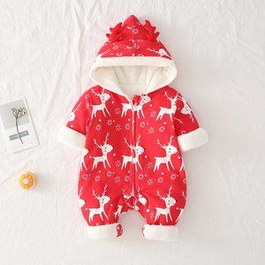 Red Quilted Cartoon Hooded Jumpsuit